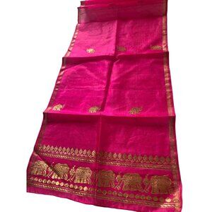 Women Hand Woven Pink with Gold Elephants Pure Silk Scarf Made in India